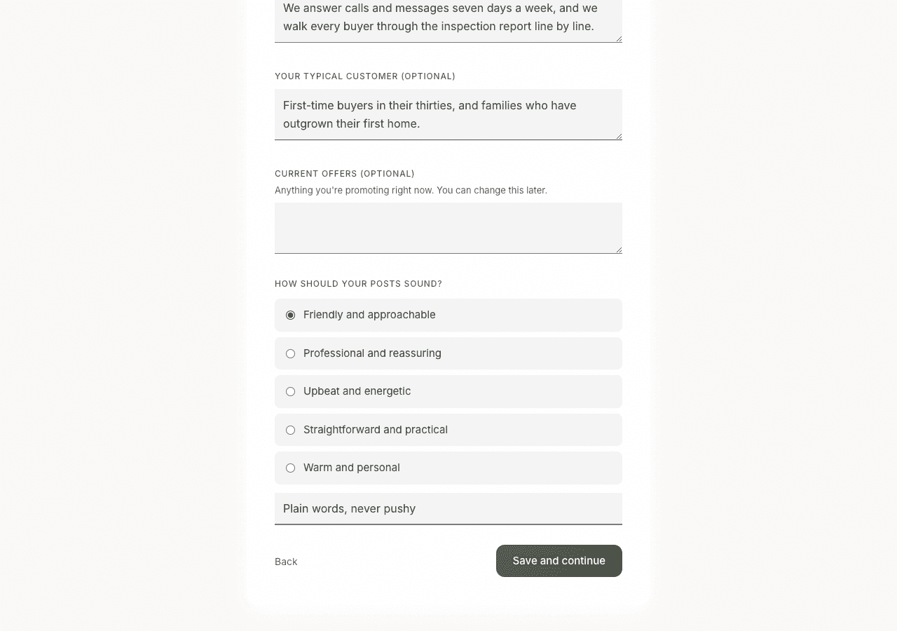 The Contendo business setup form, filled in for a fictional real estate agency