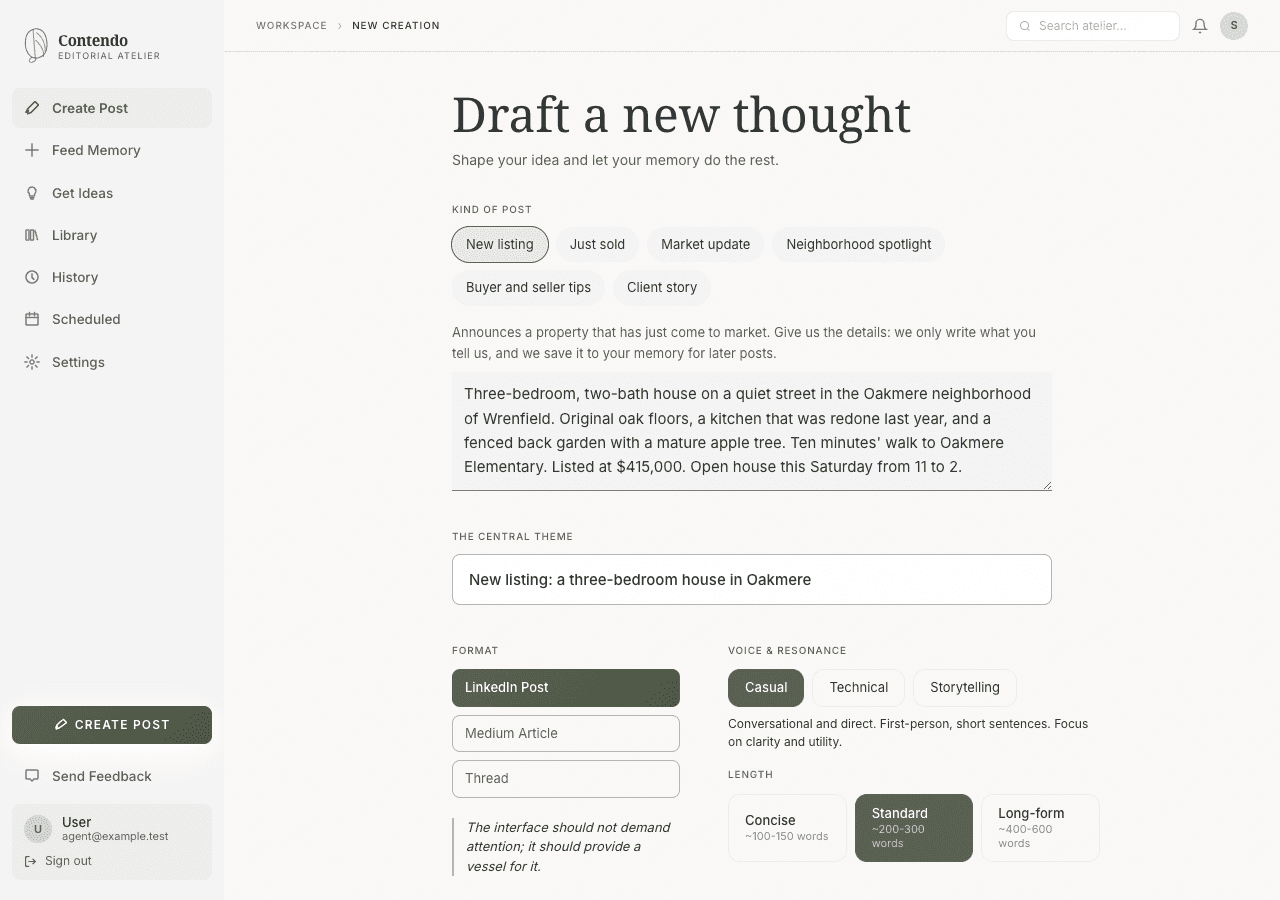 The Contendo create screen with New listing chosen and the listing details typed in