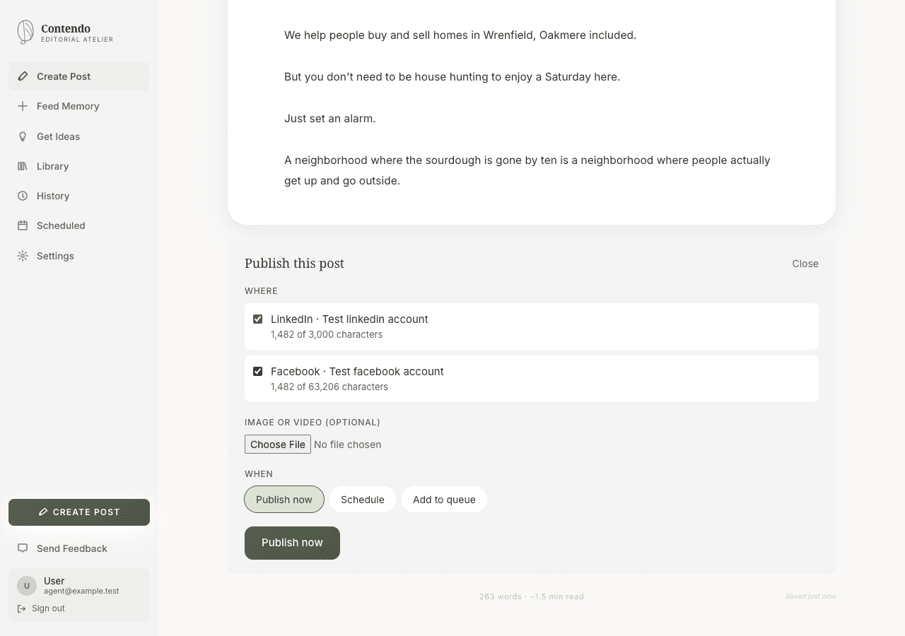 A finished post in Contendo with LinkedIn and Facebook selected and the Publish now, Schedule and Add to queue options